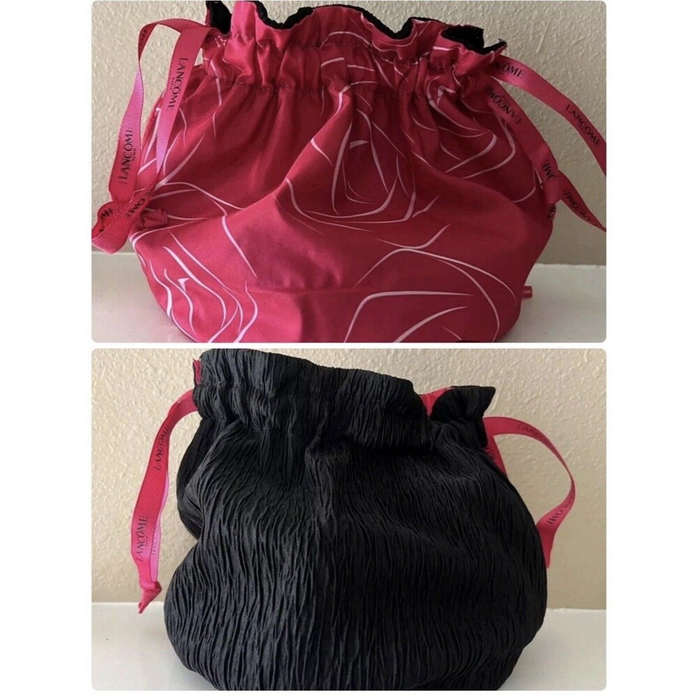 LANCÔME Reversible Pouch Cosmetic Bag Crepe-Nylon Black Pink Drawstring Logo